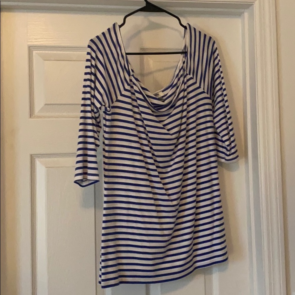 Off shoulder white and blue striped tee